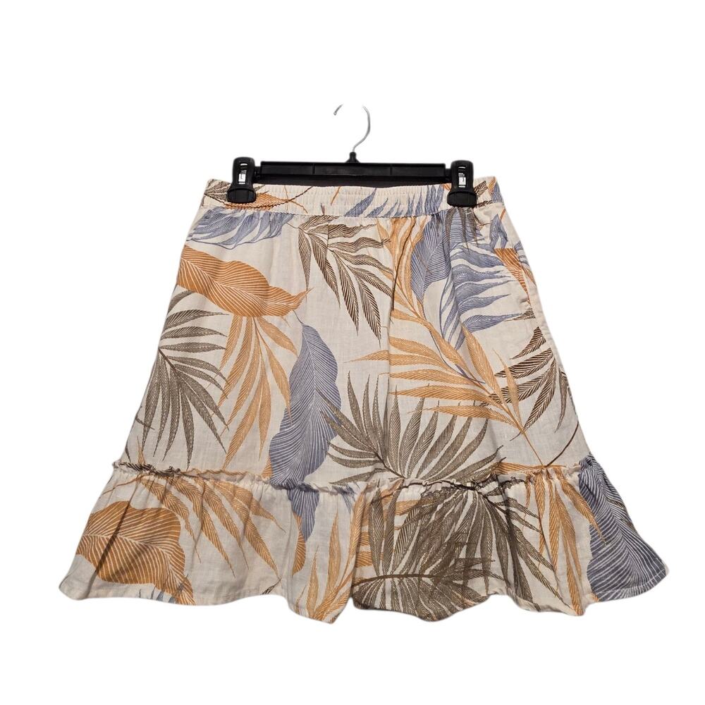 Tahari 100% Linen Skirt Womens MED Tropical Leaf Natural Ruffle Summer Pockets